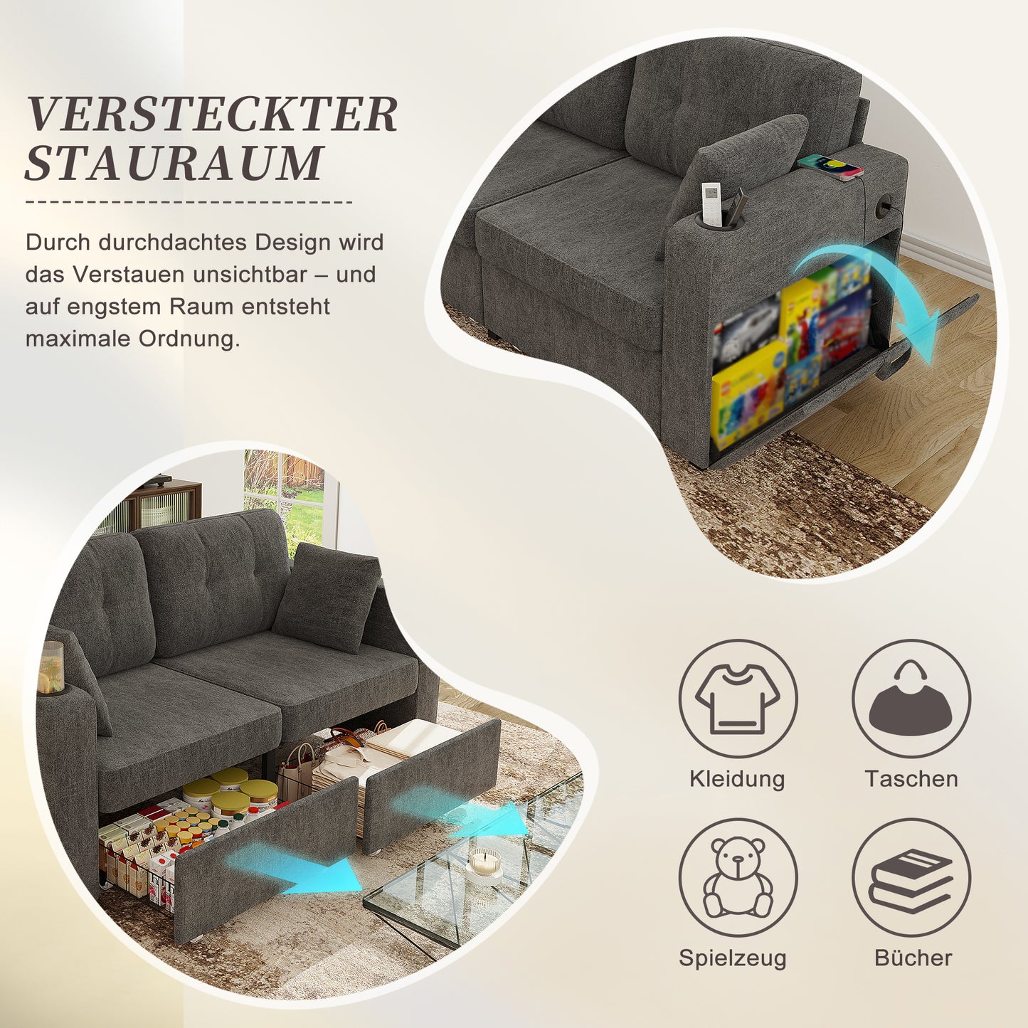 Two-seater Sofa With Two Storage Drawers And USB Charging Ports, With Cup Holders And Side Pockets, Equipped With Hidden Storage Compartments. Suitable For Living Rooms, Apartments And Reading Corners