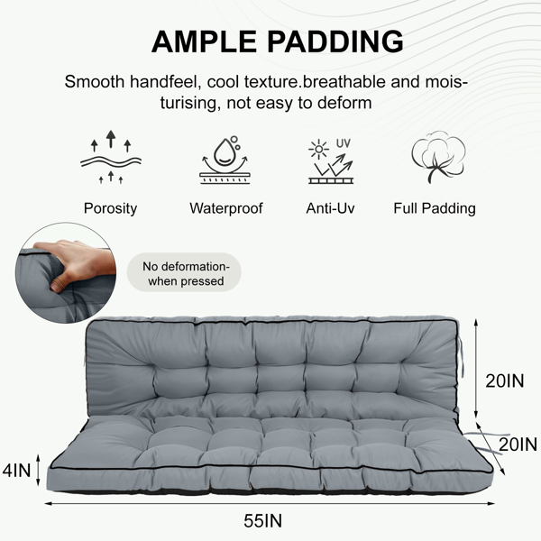 Outdoor Swing Cushions 55 Inch,Waterproof 4in Thick Porch Swing Cushion Replacement With Backrest And Ties,Comfortable 2-3 Seat Pation Swing Pad For Backyard,Garden,Lawn,Outdoor Furniture Light Grey