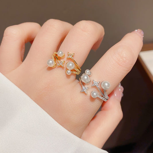 Niche Fashion Zircon Star And Pearl Ring