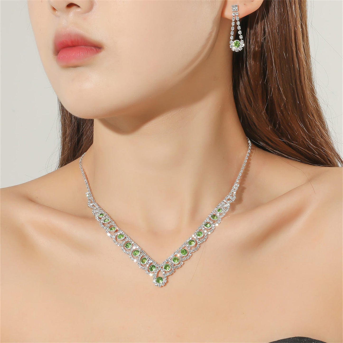 Cross-Border All-Copper Shiny Silver-Plated Dinner Accessories High-End Full Diamond Rhinestone Bridal Jewelry Earrings Necklace 2-Piece Set