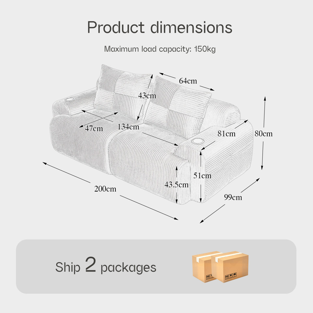 Modular 2-Seater Corduroy Sofa, Freely Configurable And Vacuum-packed, Featuring Built-in Cup Holders And Side Storage Pockets. Ideal For Living Rooms, Family Rooms, And Other Spaces. Light Gray.