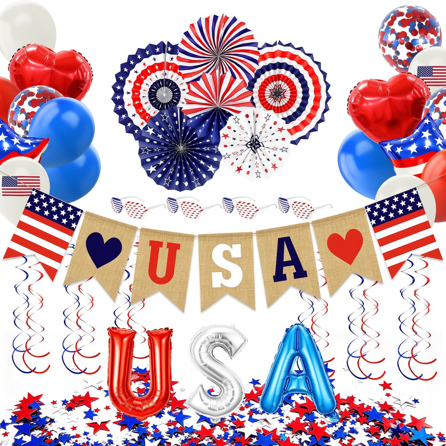 1Set 4th Of July Decorations Set,Patriotic Party Supplies With USA Foil Balloons Paper Fans Confetti Balloons Hanging Streamers Star Confetti Flags For Independence Day Memorial Day Veterans Day