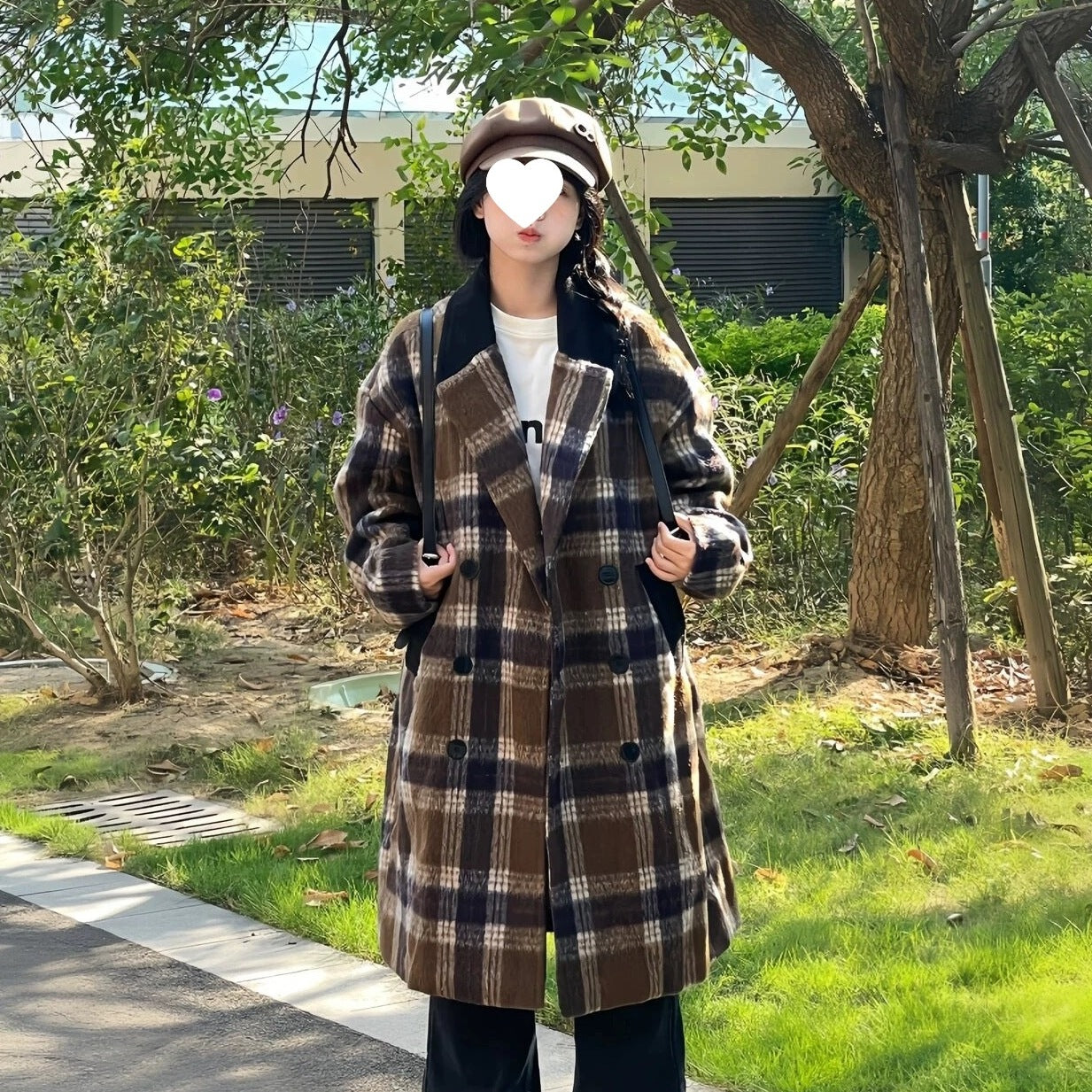 Women's Korean-style Plaid Coffee Woolen Overcoat