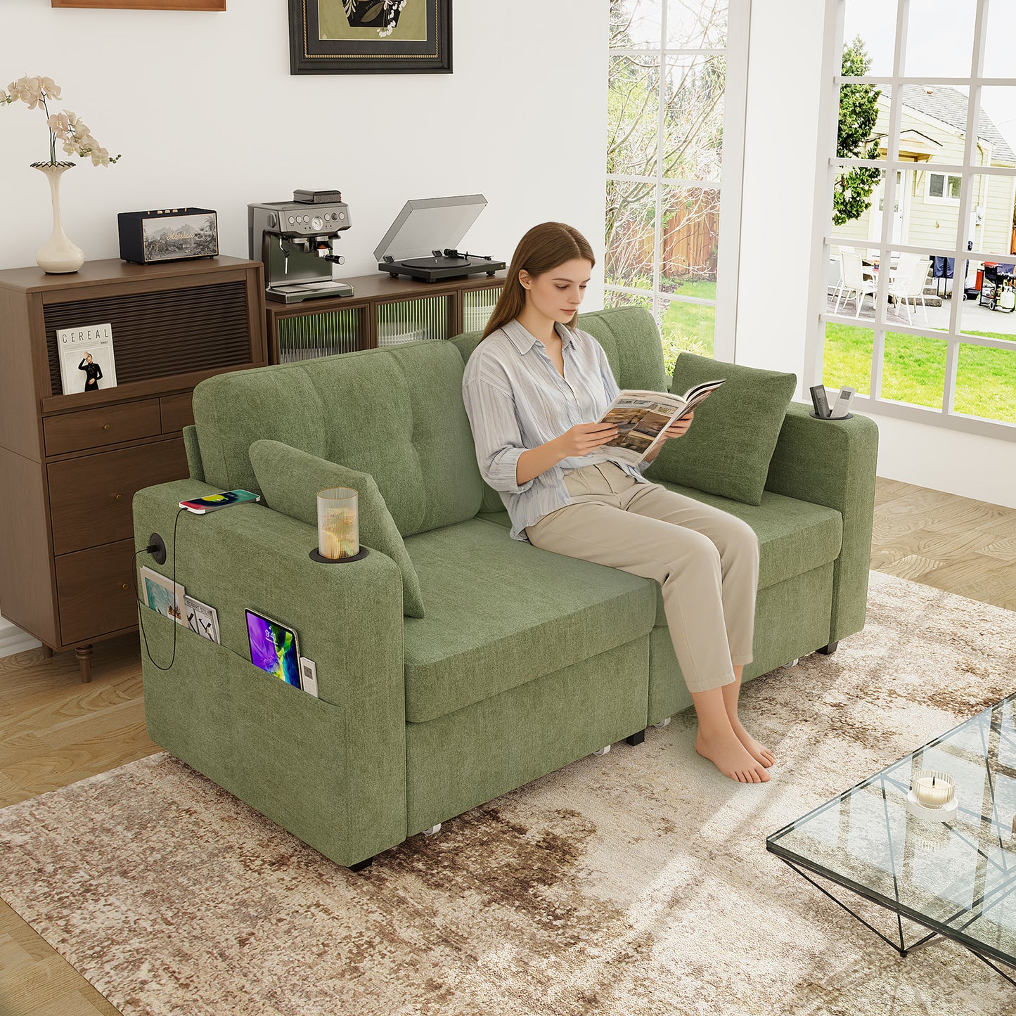 Two-seater Sofa With Two Storage Drawers And USB Charging Ports, With Cup Holders And Side Pockets, Equipped With Hidden Storage Compartments. Suitable For Living Rooms, Apartments And Reading Corners