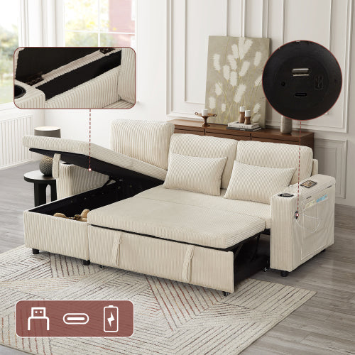 3 In 1 Convertible Corduroy Sofa Bed With Storage Chaise, L Shaped Sleeper Sofa Couches With Armrest Storage And Charging Station. Pullout Sectional Daybed For Living RoomBedroomOffice, Grey