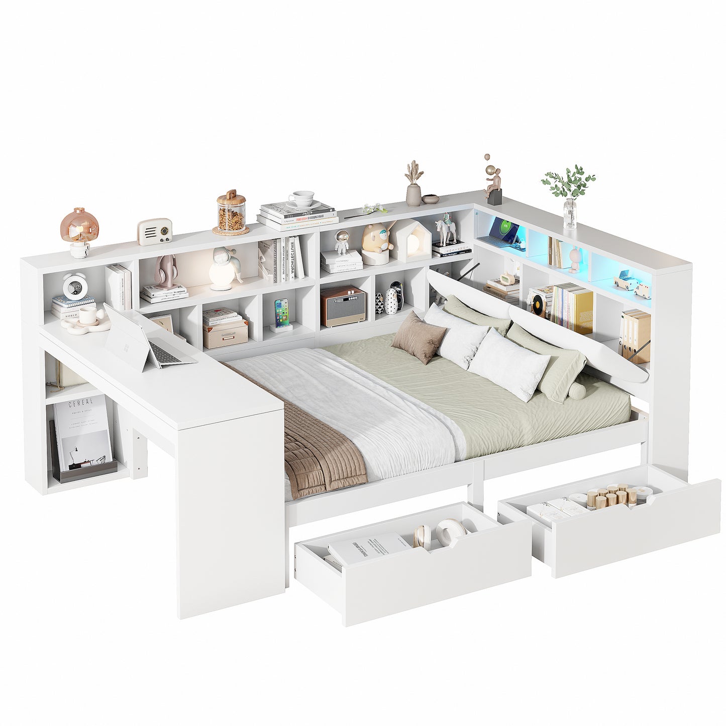 140x200 L-Shaped Wooden Platform Bed With Desk And Bookcase, Corner Captain's Bed With Upholstered Headboard, Under-Bed Drawers, LED Light - White