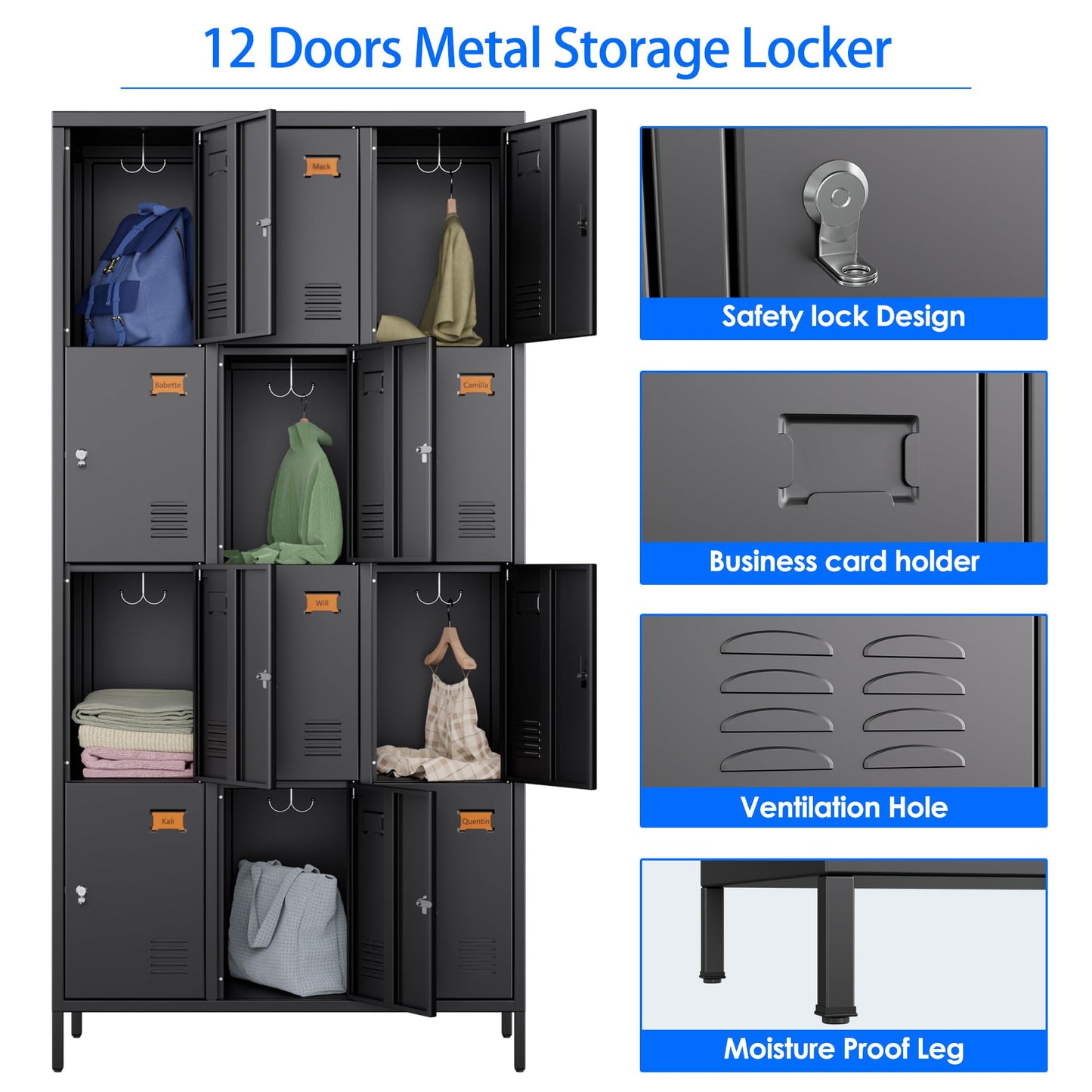 METAN Metal Locker For School Office Gym Bedroom, 12 Doors Black Steel Storage Locker Cabinet For Employees, Industrial Storage Locker, Assembly Required 12 Door-Black