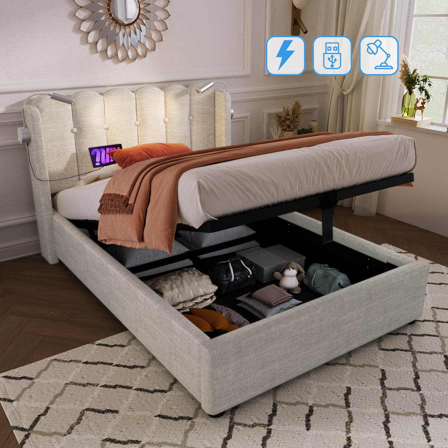 Upholstered Bed Single Bed Reading Light With Charging Function Head Part Storage Bed Frame Linen Material Youth Bed 90x200 With Slate Grate,Of Course Without Mattress