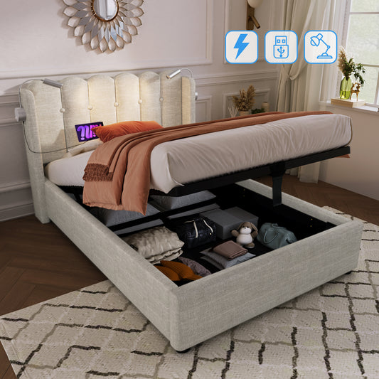 Upholstered Bed Single Bed Reading Light With Charging Function Head Part Storage Bed Frame Linen Material Youth Bed 90x200 With Slate Grate,Of Course Without Mattress