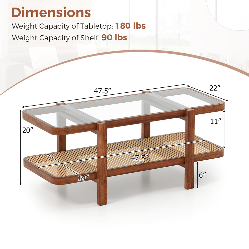 2-Tier Coffee Table With Storage And Tempered Glass Tabletop PE Rattan Anti-fading, Tear-proof For Office, Waiting Room, Or Reception Room