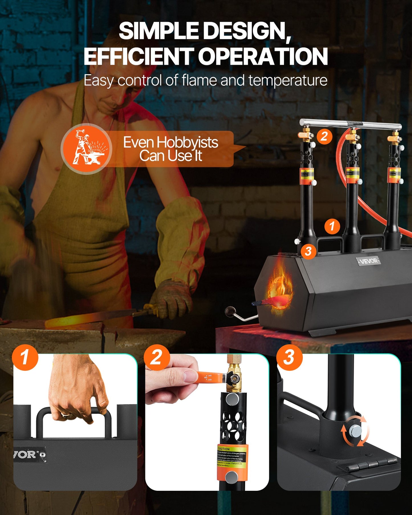 Portable Propane Forge, 3 Burners, 1427℃ Tool And Knife Making Blacksmithing Farrier Forge, Large Capacity Hexagon, Cold-Rolled Steel Gas Forging Tools And Equipment, Use For Metal Forging