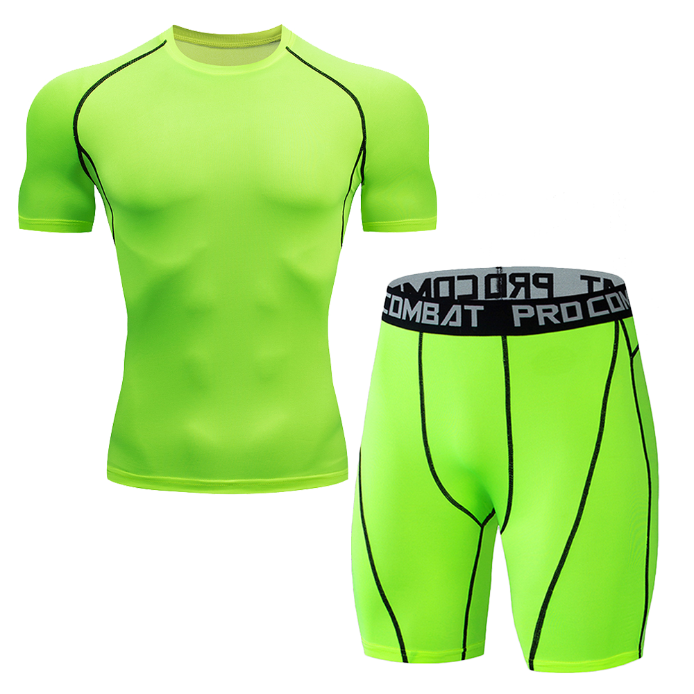 Men Quick Dry Compression Suit 2 Pieces Athletic Short Sleeve Tight Shirt Elastic Waist Sports Shorts Gym Running Training Fitness Base Layer Underwear Set