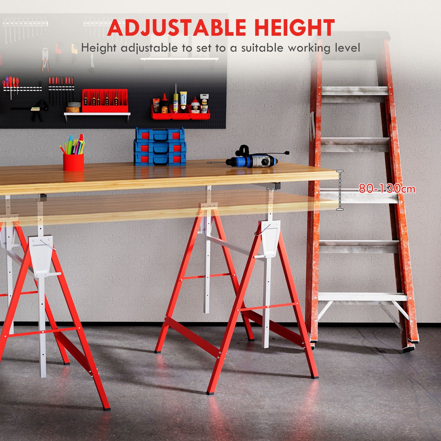 Set Of 2 Adjustable Telescopic Builders Trestle, DIY Steel Work Bench Carpenter, Folding Saw Horse Tools Red