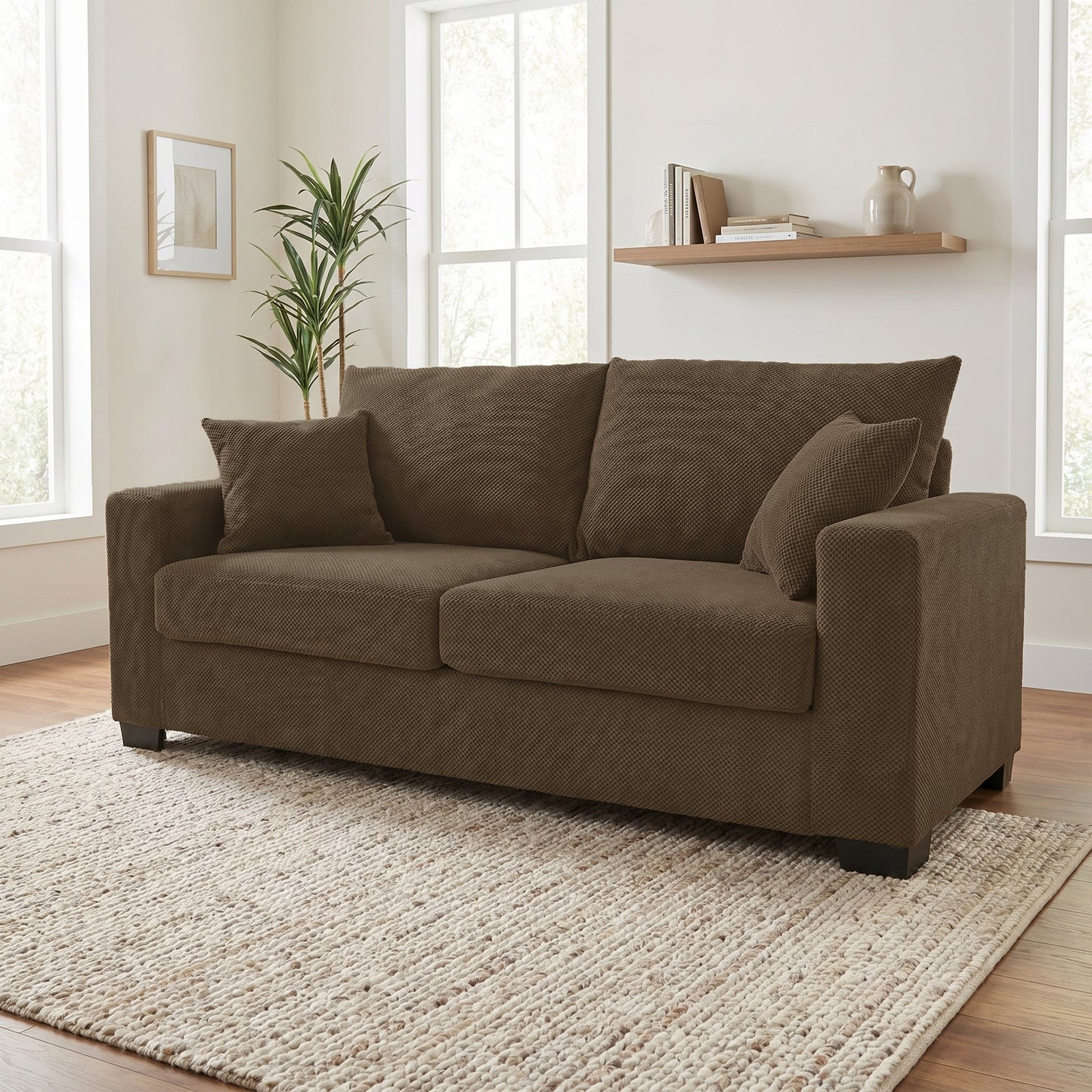 69-inch Two-seater  Sofa With Textured Fabric, Comfortable Upholstered Couch With 2 Throw Pillows And Sturdy Plastic Legs For Living Room, Apartment, Office,  Coffee