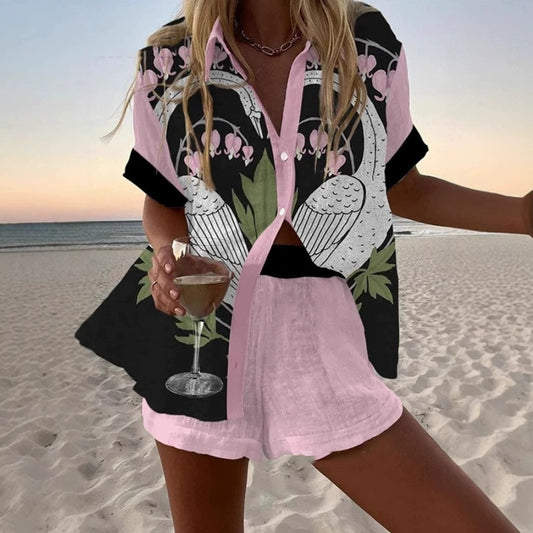 Women's Fashion Printed Casual Vacation Style Cardigan Shorts Suit