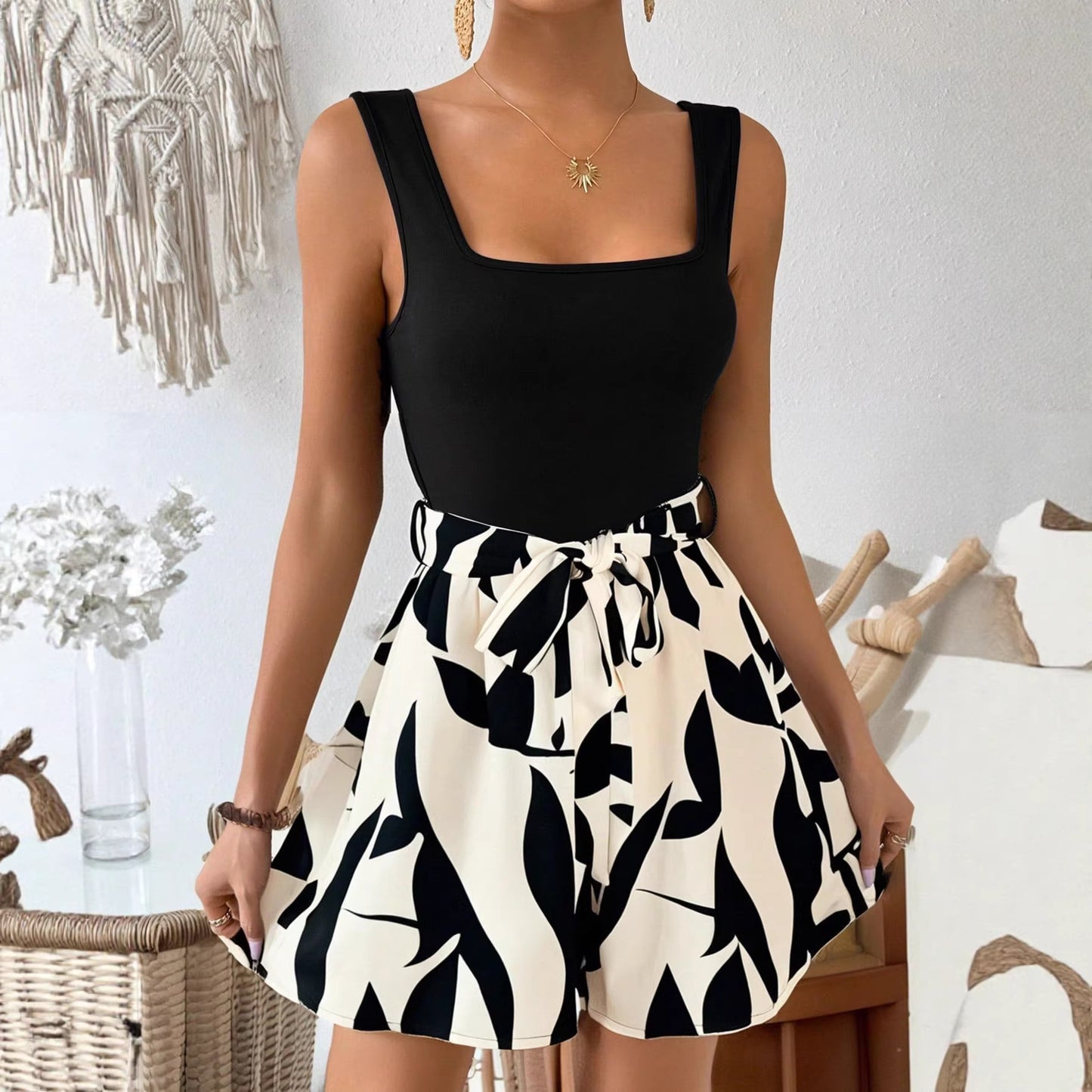 Women's Fashion Print Casual Strappy Wide Leg Bodysuit
