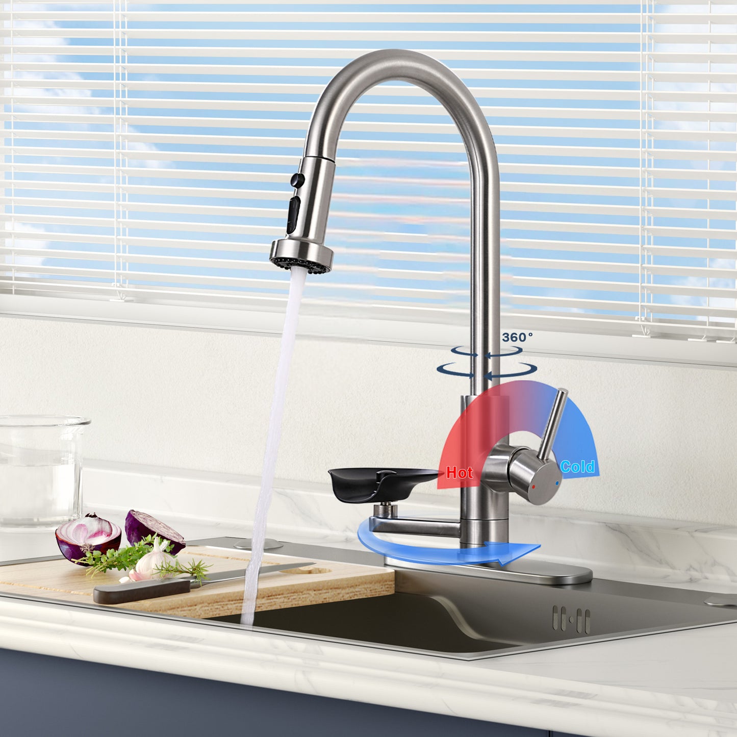 3-in-1 Kitchen Faucet With Press-Type Glass Rinser, High-Arc Pull-Down Sprayer Faucet, 3 Function Spray Mode, Brushed Nickel Finish, For Modern Kitchen Sink