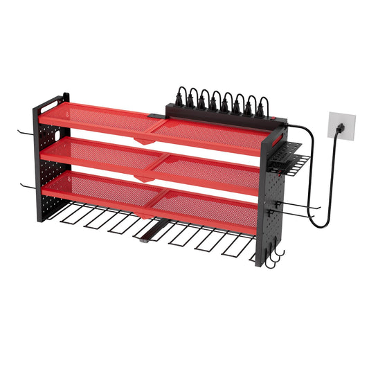 Power Tool Organizer With Charging Station, 4-Layer Drill Storage Rack With 8 Drill Holders & Side Pegboard, Garage Tool Organizer Built In 8 Outlet Power Strips For Garage, Workbench, Workshop