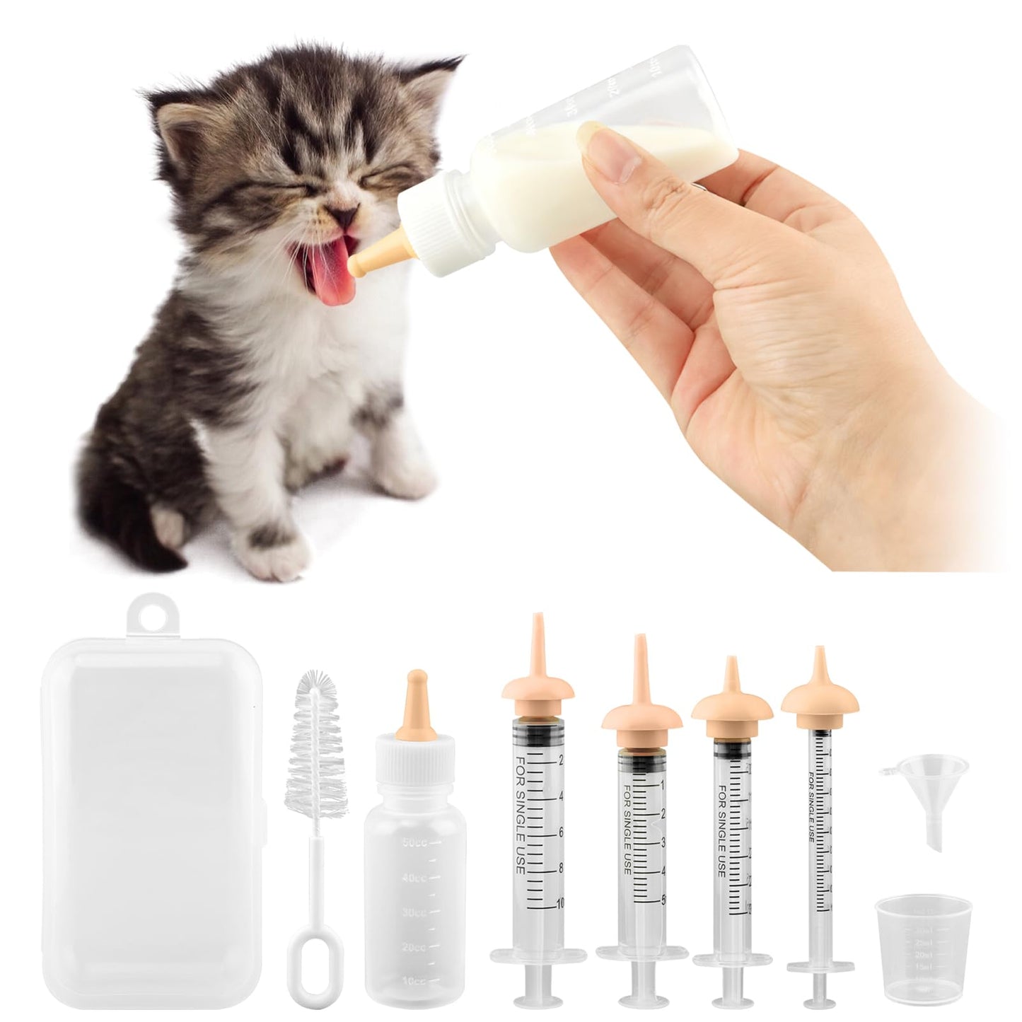 Pet Nursing Kit, Newborn Cat Bottle Feeding Set, For Newborn Puppies, Kitten, Other Small Animals,with Silicone Nursing Nipples, Formula Dispenser,Liquid Syringes,Measuring Cup&Cleaning Brush