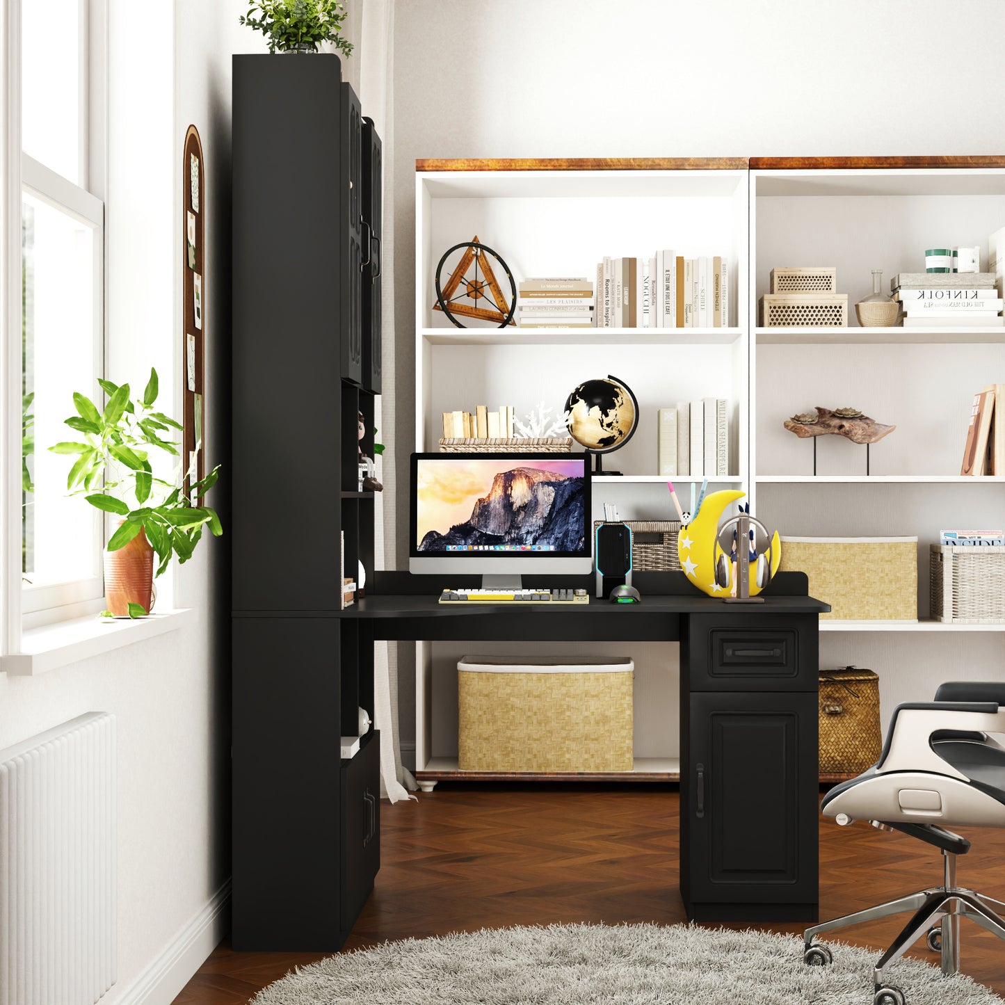 L-Shaped Corner Computer Desk  For Home Office Or Study Desk, Study Modern Style Table With Drawers, Bookshelf & Hutch, 2-in-1 L-Shaped Design, Large Working Space,black