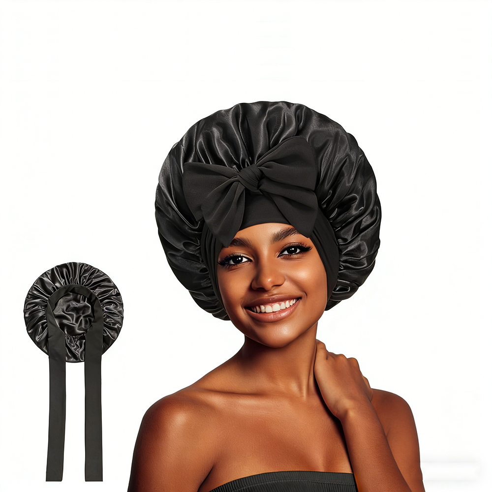 Satin Sleep Bonnet With Bow Knot, Elastic Wide Band Night Cap, Silk Like Satin Hair Bonnet For Women, Beauty Sleep Hair Protection Cap