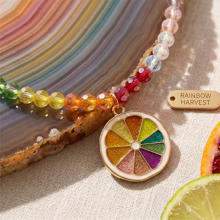 Rainbow Glass Bead Fruit Choker Necklace For Women, Stainless Steel Chain With Cute Citrus Lemon Slice Pendant, Colorful Summer Jewelry Gift