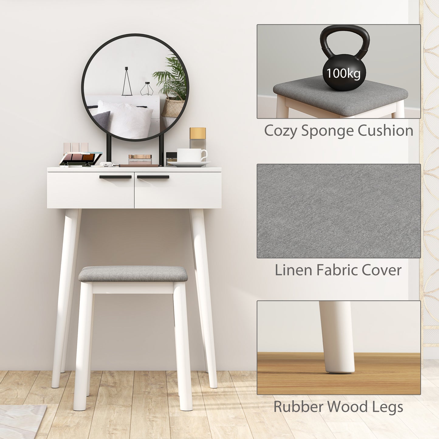 Dressing Table With Mirror And Stool, Vanity Makeup Desk Set With 2 Drawers, Cushioned Stool And Make-up Organiser For Bedroom And Dressing Room, 60 X 40 X 123 Cm, White