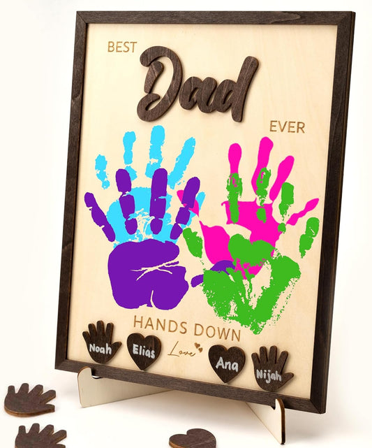 Personalized Best Dad Ever Hands Down Wooden Handprint Sign, Custom DIY Handprint Plaque With Detachable Name Cutouts, Father's Day Birthday Keepsake Gift For Dad Papa Grandpa From Kids Son Daughter