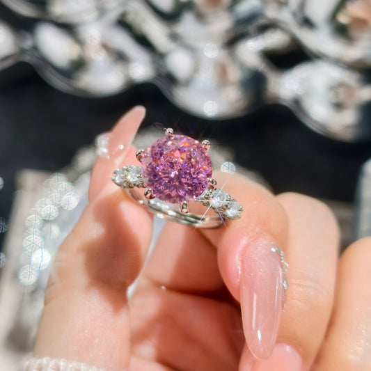 Women Rosy Tone Cubic Zirconia 3-Stone Engagement Ring, Round Center CZ With Symmetric Marquise Side Accent, European American Premium Dainty Wedding Finger Jewelry