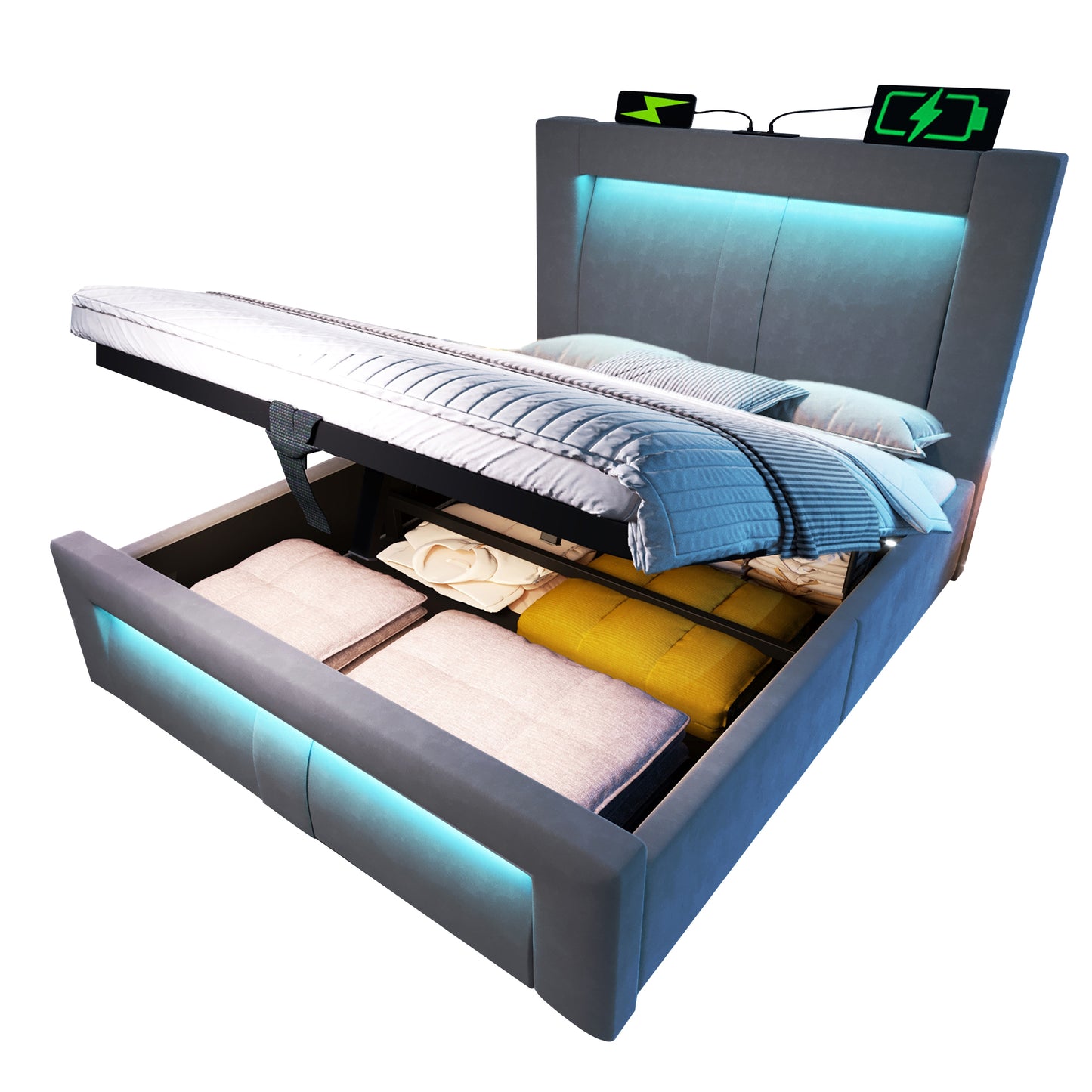 Single Bed 90x200 Cm With Storage, Hydraulic Bed, LED Lighting With App Control, USB & Type-C Charging Ports, Velvet, Headboard With Curved Design, Grey, Without Mattress