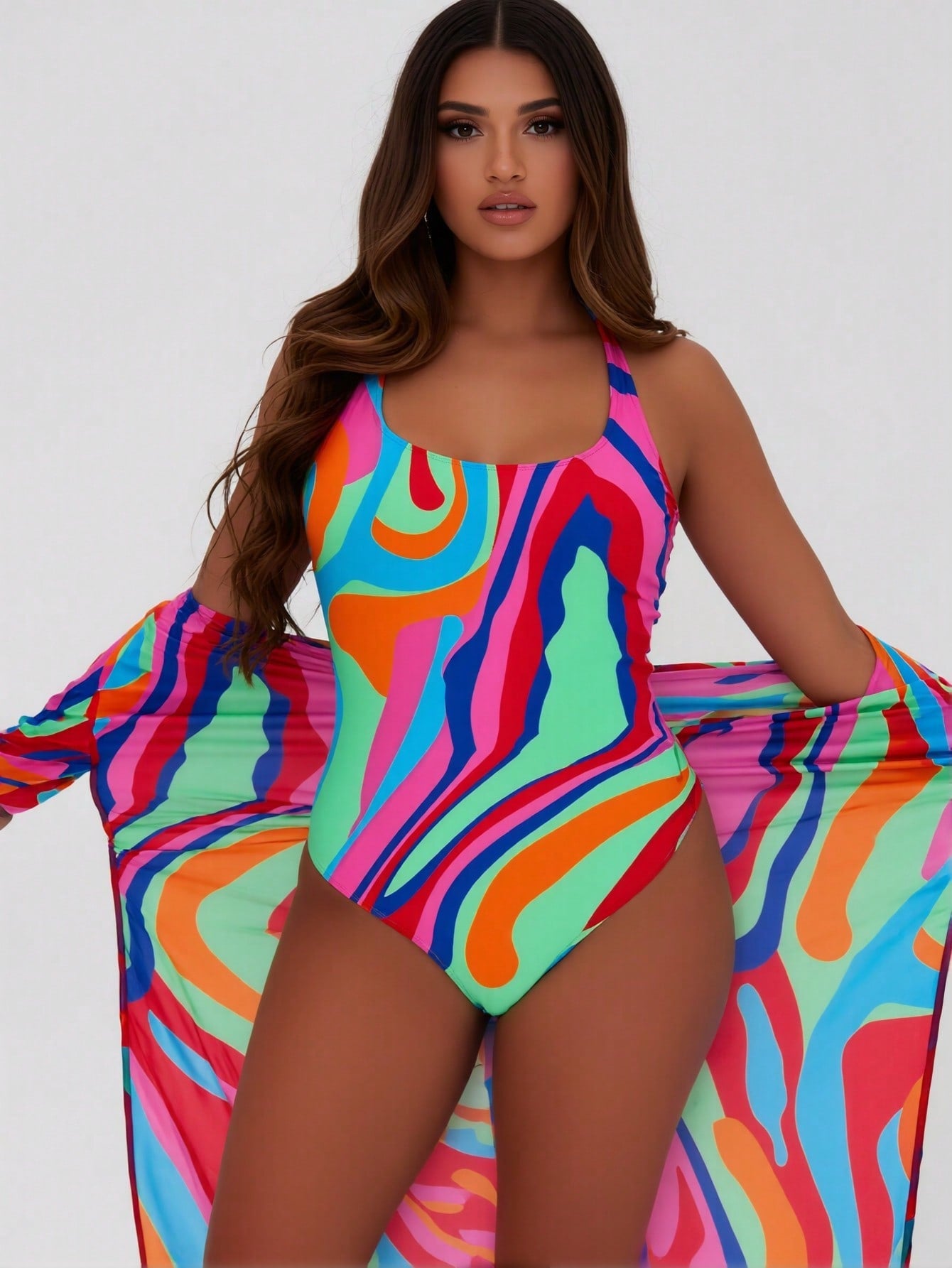 2026 New Fashion Swimsuit Women's Colorful Swirl Print Halter One-Piece Swimsuit With Cover-Up 2-Piece Set For Trendy Style, Sexy Slim Fit
