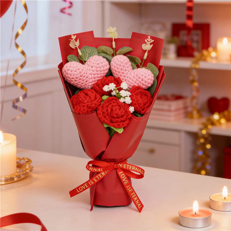 Handmade Crocheted Flower Bouquet, Heart Ornaments Matched With Red Roses And Baby's Breath, Soft Yarn Everlasting Knitted Bouquet, Indoor Home Decorative Ornament