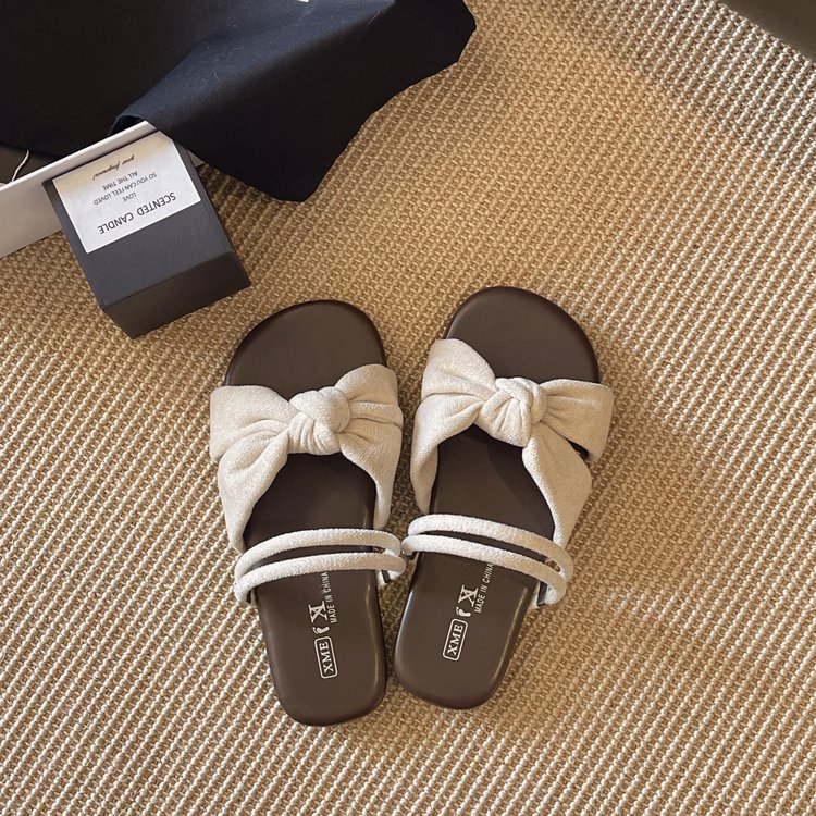 Flat Bottomed Slippers For Women's Summer, New Bow Tie, One Line Drag, Fashionable And Versatile, Soft Bottom, Comfortable Beach Slippers For Outdoor Wear