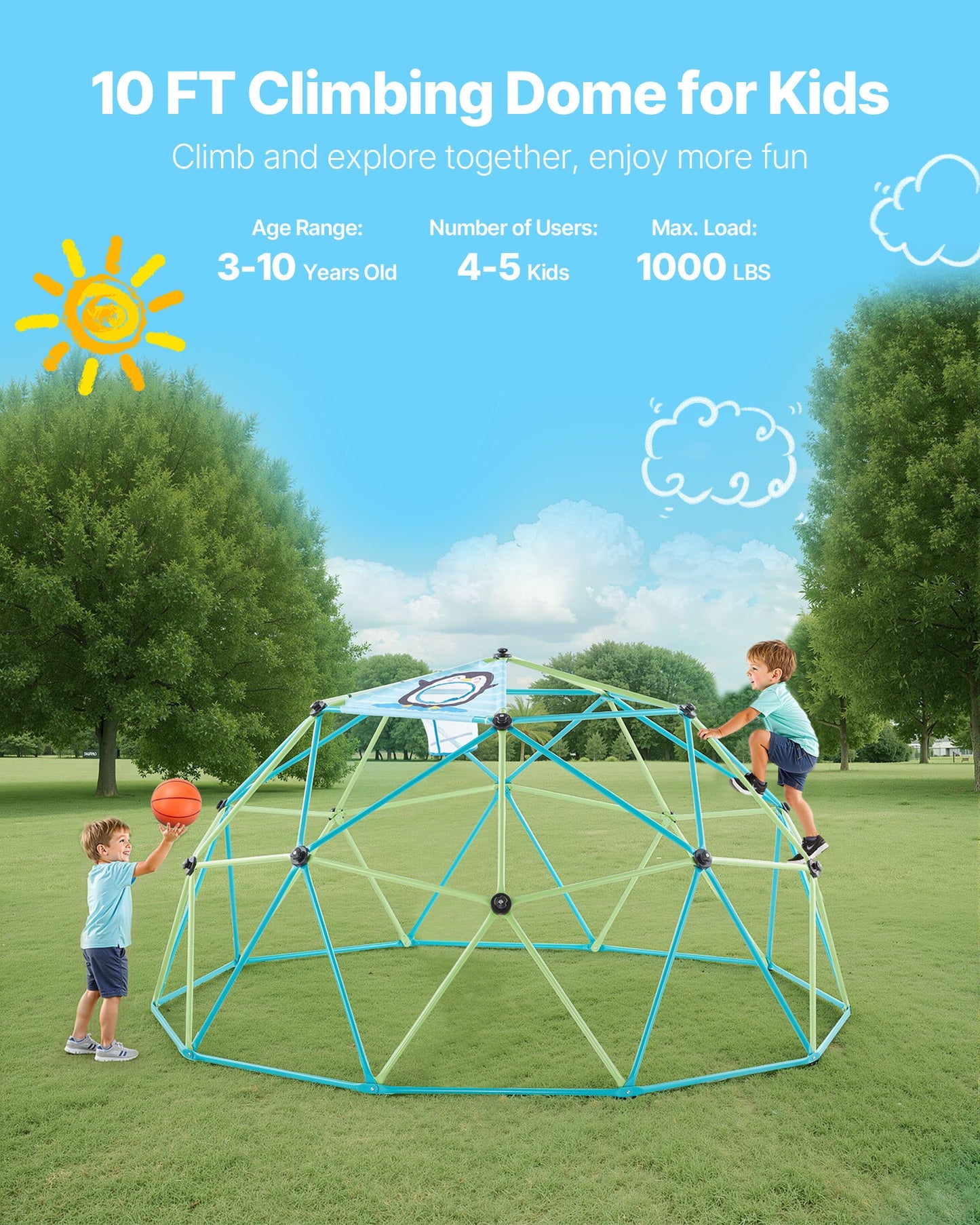 Climbing Dome, 10FT Geometric Dome Climber For Kids, 1000LBS Loading Jungle Gym Playground With Octopus Net & 2 Basketballs, Easy-Assembly Outdoor Backyard Climbing Toys - Gift For Boys Girls