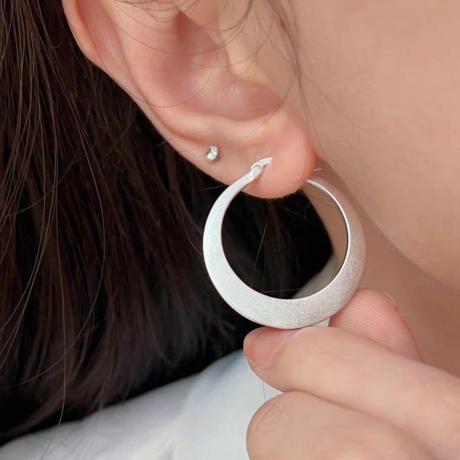 1 Pair 999 Sterling Silver Matte Large Hoop Earrings, Minimalist Style, Perfect For Daily Wear And Valentine's Gift
