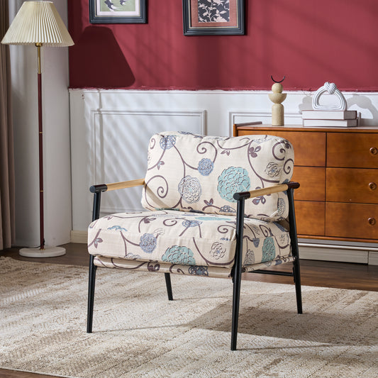 27.56  Modern Accent Chair With Plush Cushions, Minimalist Metal Frame, And Wooden Armrest Design  Perfect For Cozy Living Room, Bedroom, Or Office Seating