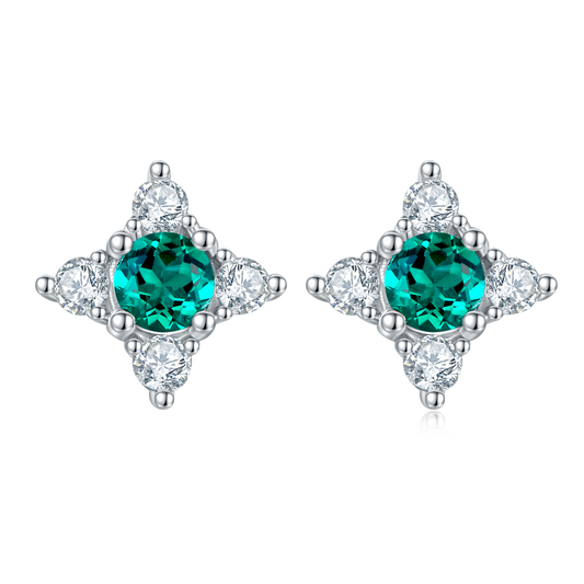 S925 Sterling Silver Star Flower Stud Earrings, 3.5mm Lab-Grown Emerald, Platinum Plated 1g Women's Lightweight Jewelry Gift Box