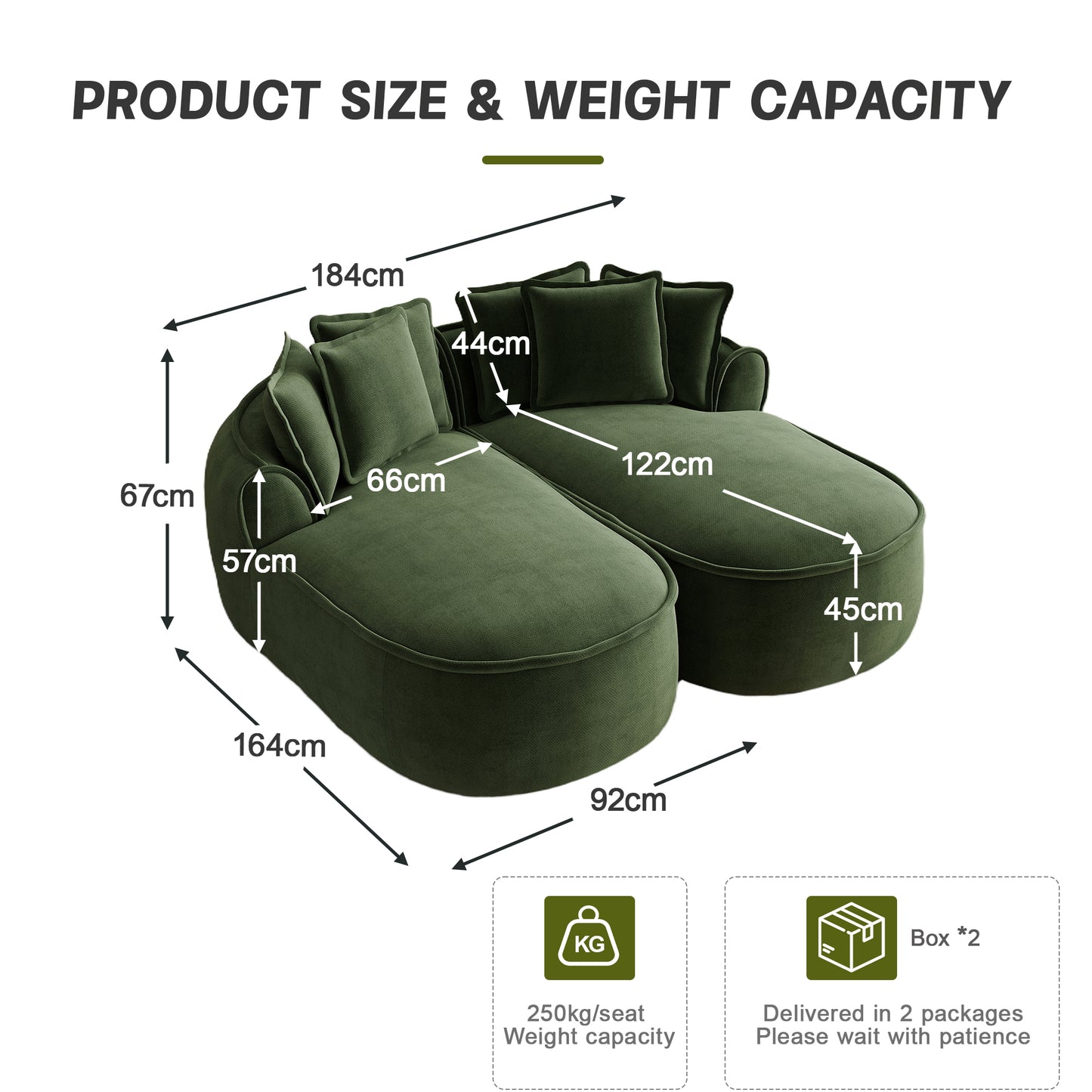 Comfortable Chenille Cloud Double Sofa, Frameless Design, Extra Large Double Chaise Longue, Including Cushions, No Setup Required, For Living Room,Green