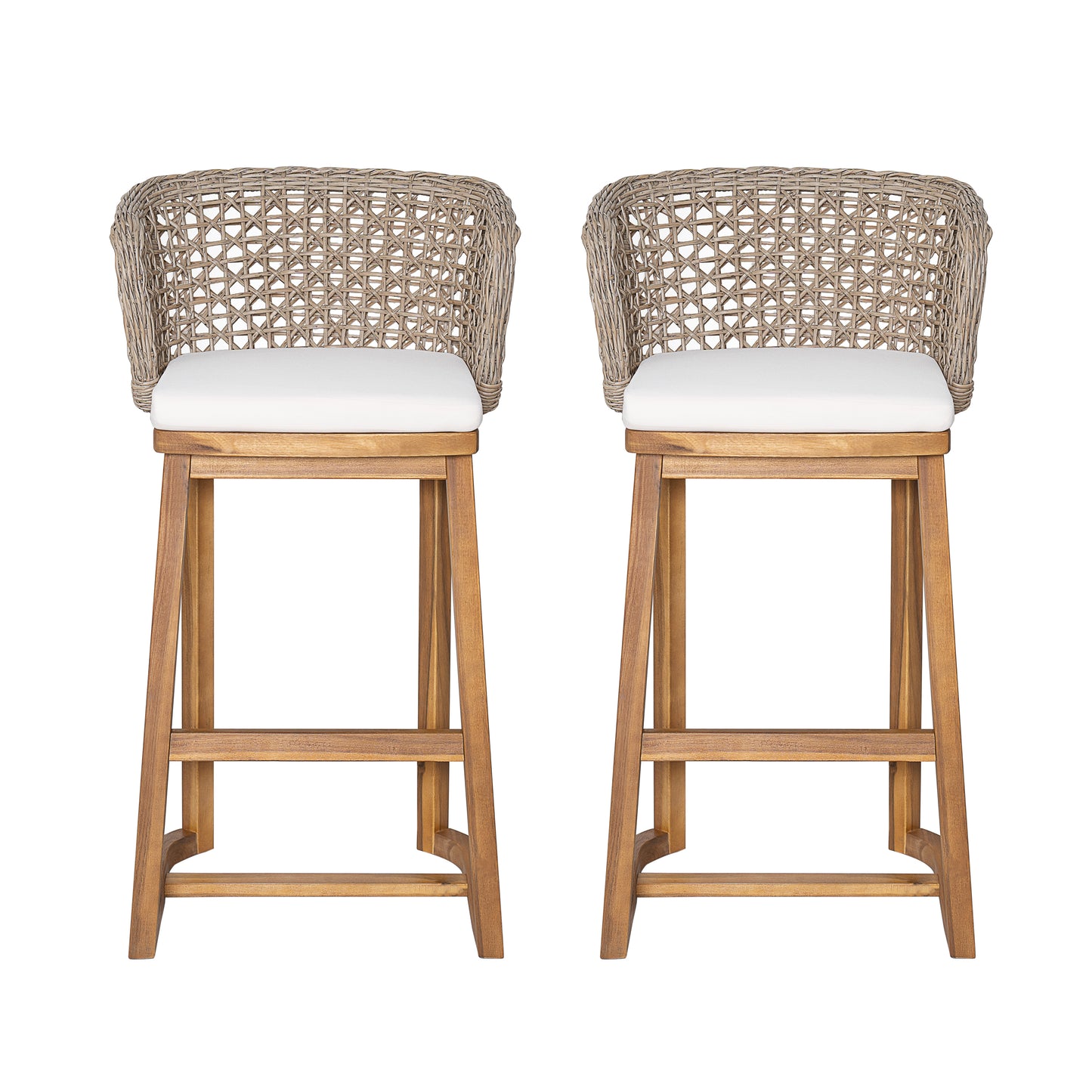Outdoor Acacia Wood Bar Stools  Set Of 2 , Teak Finish Bar Height Chairs With Beige Cushion & Light Brown Wicker Back, Counter Height Stools For Patio, Poolside, Kitchen Island