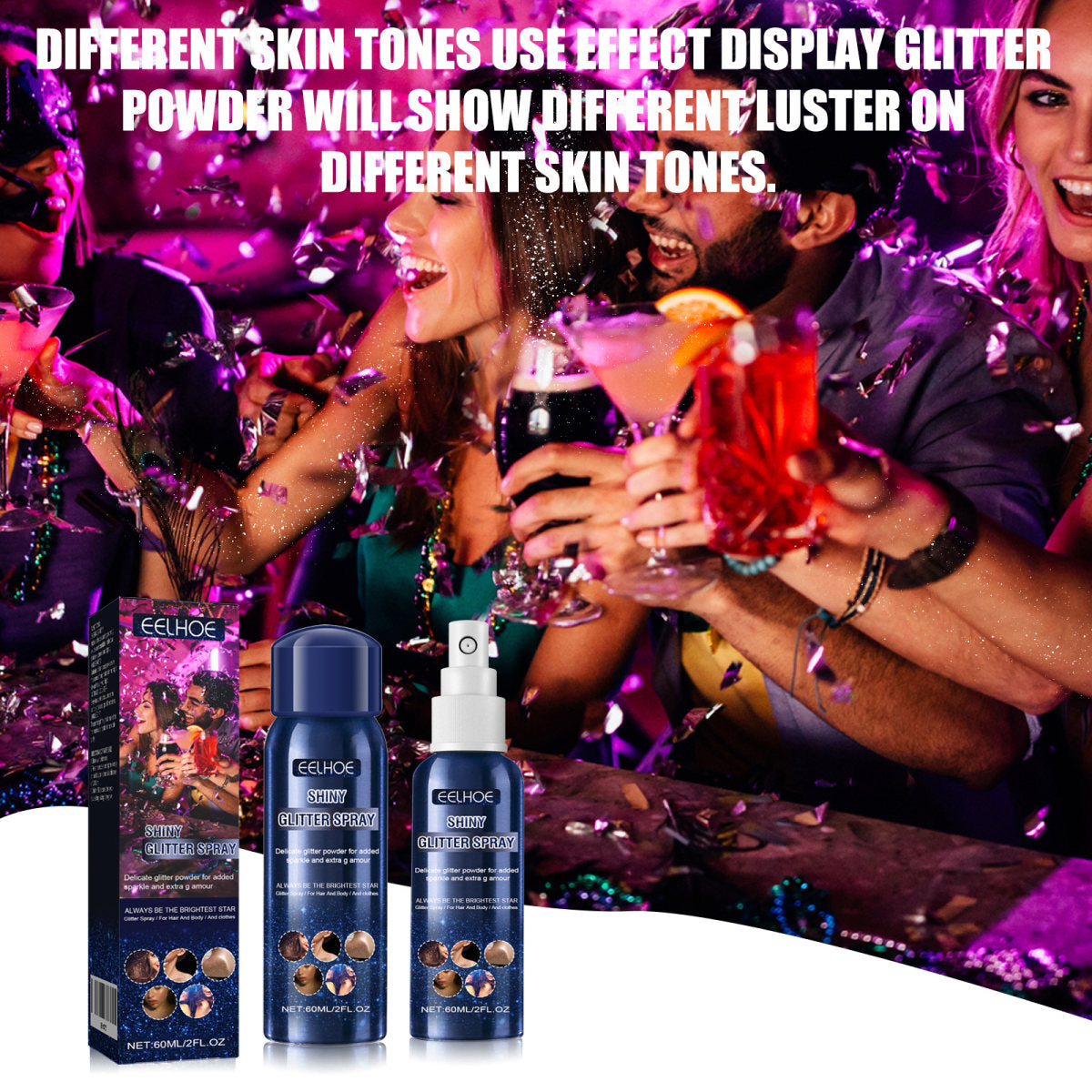 Shiny Glitter Spray, Body Hair Clothes Highlight Shimmer Spray For Halloween Club Party, Long Lasting Sparkle Glitter For Skin Outfits, 60ML