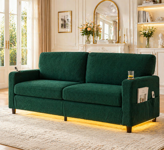 Modern 2-person Chenille Sofa With USB-C, LED Ambiance, Cup Holders And Side Pockets. Wood Metal Frame With Comfort Foam. Ideal For Living Room, Bedroom Or Office. Emerald
