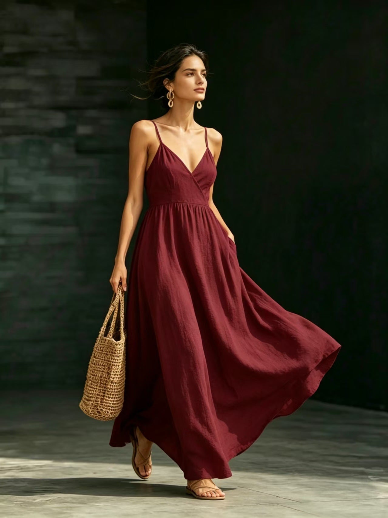 Summer V-Neck Spaghetti Strap Maxi Dress With Pockets - Elegant Vacation & Office Wear For Women