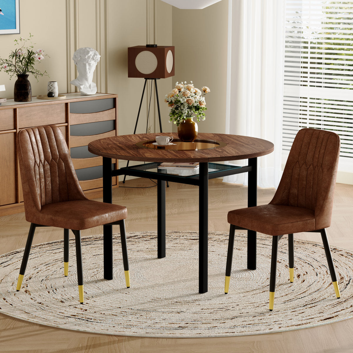 Modern Minimalist Round Dining Table Set  With 2 Brown Tech Fabric Armchairs With Black Metal Legs , Round Table With 100 Cm Diameter In Wood Look, Suitable For Dining Room And Kitchen.