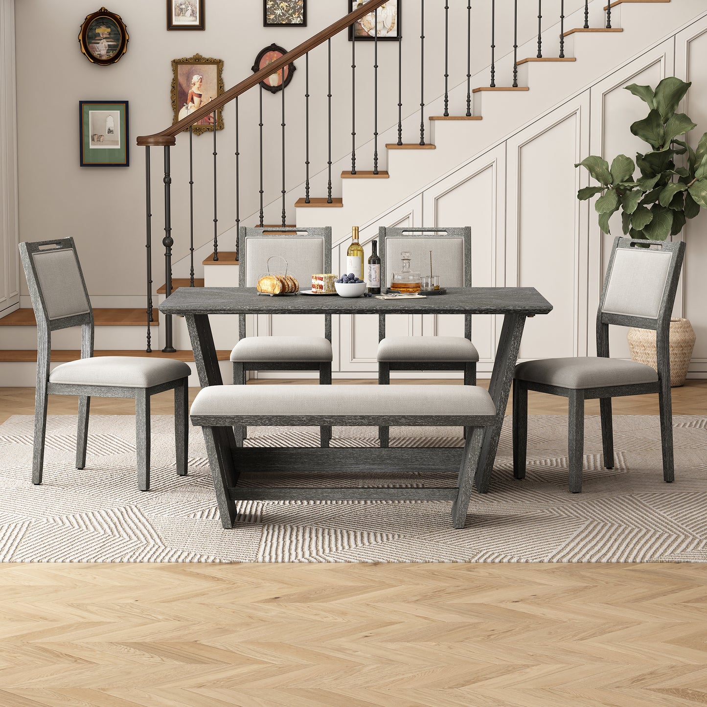 TREXM 6-Piece Retro Dining Table Set For 6  60 Wood Kitchen Table And Chairs Set Of 4 With Bench Designed Trestle Base For Kitchen & Dining Room  Gray