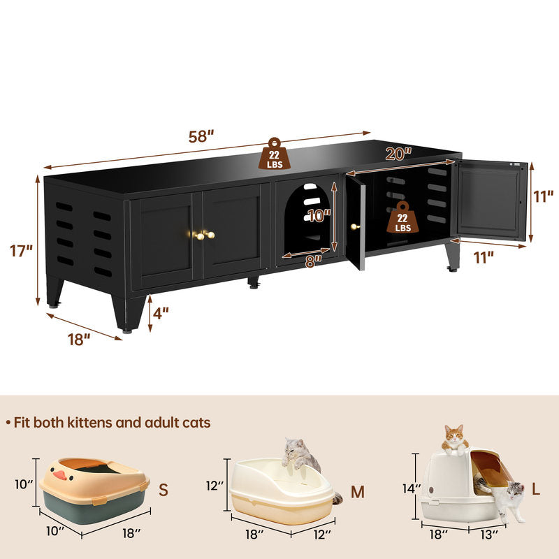 58in Metal Cat Litter Box Enclosure, Hidden Litter Furniture For 2 Cats, Large Indoor Cat House TV Stand Cabinet W Ventilation & 2 Compartments, Black Modern Pet Washroom W Adjustable Legs