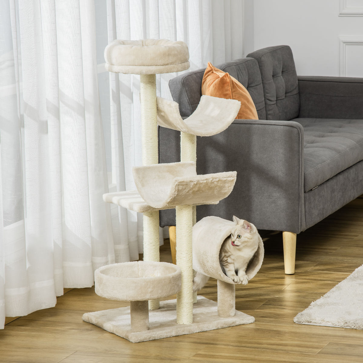 PawHut Cat Tree For Indoor Cats Kitten Pet Scratching Post Perch Activity Center Scratcher Climb Post Play House Arch With Tunnel 105cm Tall Beige