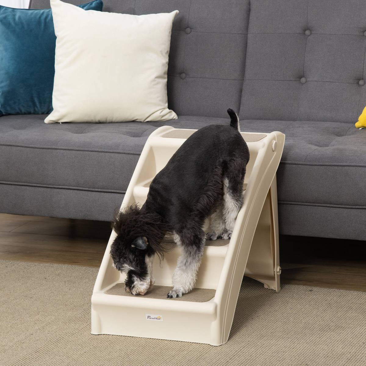 PawHut Foldable Four-Step Pet Stairs, For Cats, Small Miniature Dogs, With Non-Slip Mats 62 X 38 X 49.5cm - Beige