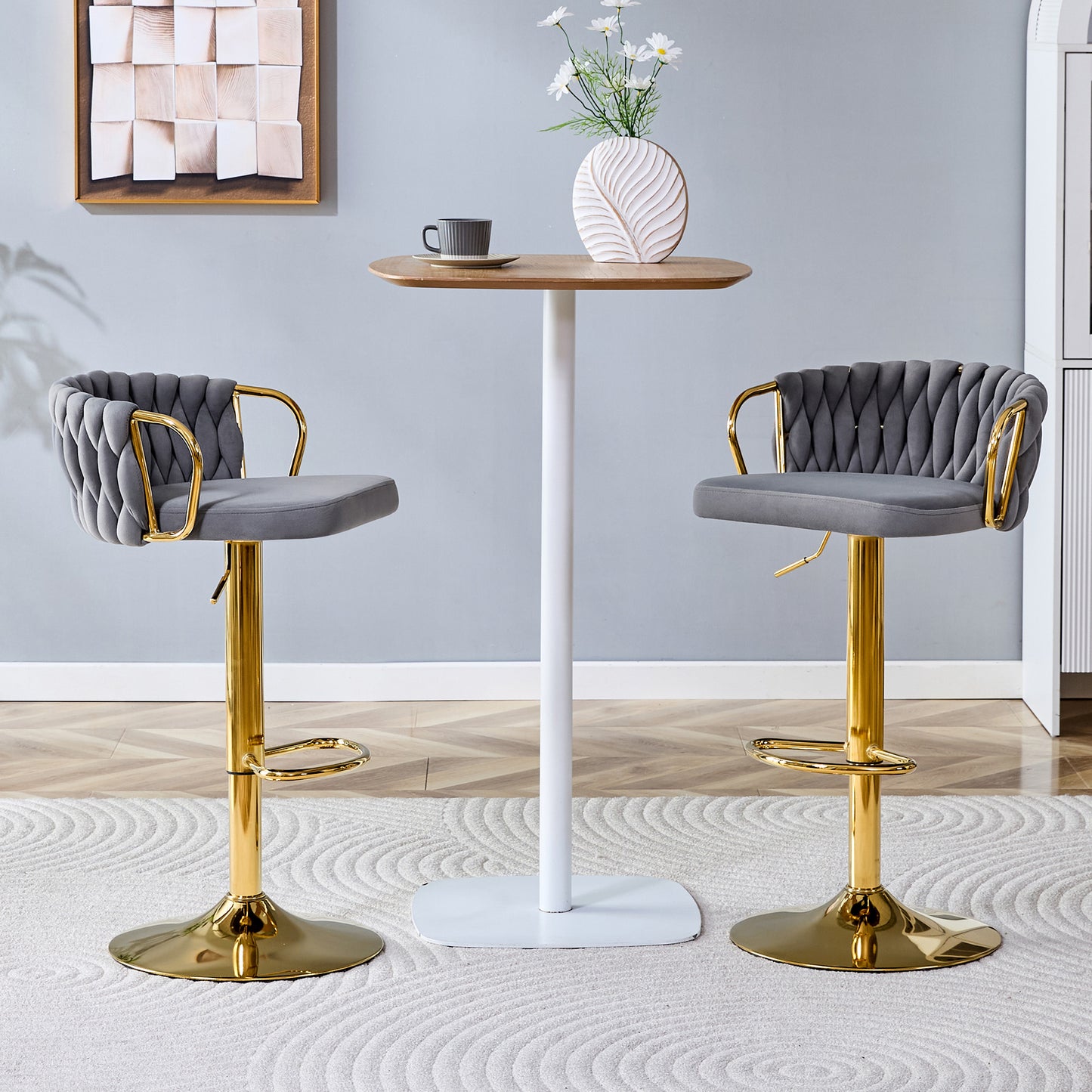Set Of 2 Modern Luxury Velvet Braided Bar Stool With Adjustable Height, Gold Metal Base & Woven Rope Backrest, Upholstered Swivel Bar Chair For Kitchen Island Or Home Bar-Gray