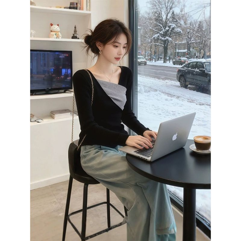 Korean-style Irregular Color-Block Patchwork Long-Sleeve Top For Women