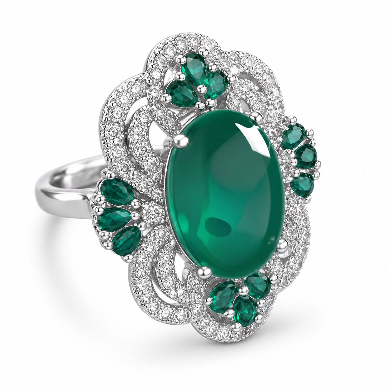 Oval Cabochon Green Gem Mixed Emerald & White Crystal Filigree Open Adjustable Cocktail Ring For Women, Copper Silver Plated Antique Hollow Floral Wedding Banquet Statement Jewelry Gift